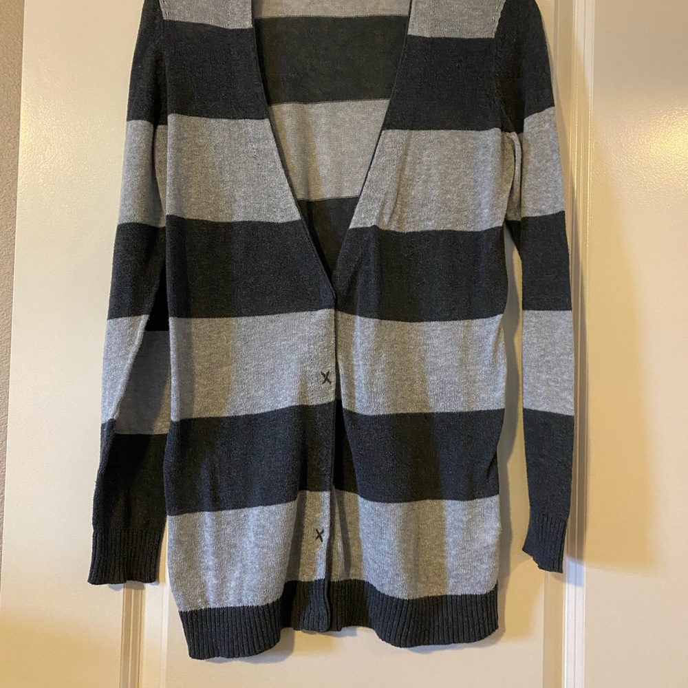 Caslon Striped Cardigan Sweater - Charcoal and Lt Gray.